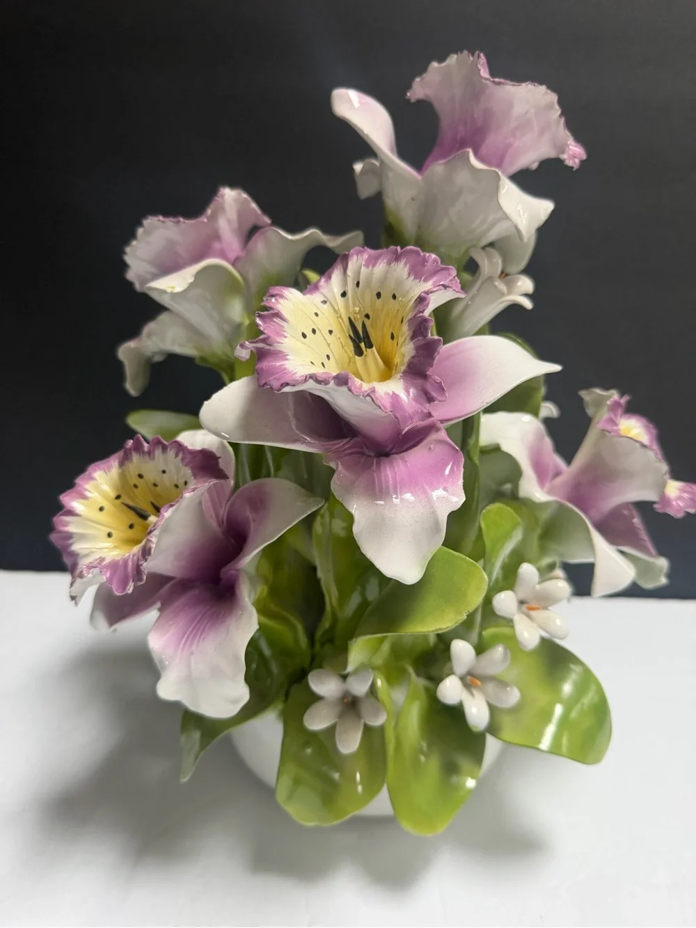 Vintage Capodimonte Italy Porcelain Pink Orchid Floral Arrangement 13”